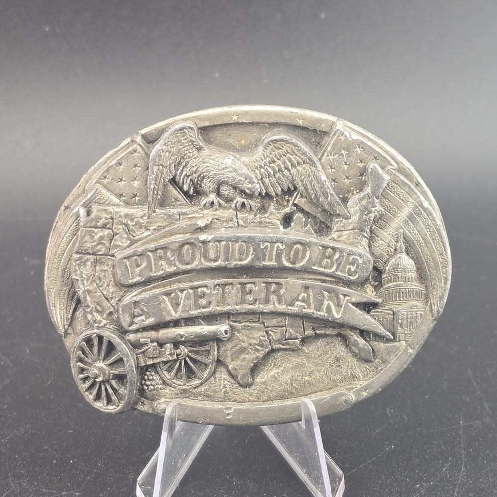 1983 Bergamont Brass Works Proud to be a Veteran Belt Buckle USA Made 1.75" Belt